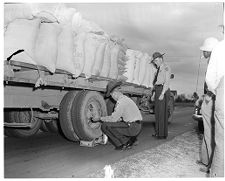 Patrolmen weighing trucks 