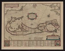 Mappa Aestivarum Insularum alias Barmudas dictarum : ad Ostia Mexicani aestuarij jacentium in latitudine graduum 32 minutorum 25. Ab Anglia Londino scilicet versus Libonotum 3300 Miliaribus Anglicanis, et a Roanoack (qui locus est in Virginia) versus Euronotum 500 Mill. accurate descripta