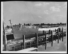 Portside view of BYMS 38 being painted, Barbour Boat Works, New Bern, NC