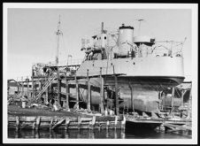 Portside Sternview.  U.S. Navy Vessel [?] 78. On dry dock.