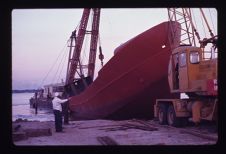 launching 86' trawler, port