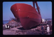 launching 86' trawler, bow