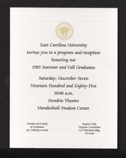 Invitation to Reception for 1985 Summer and Fall Graduates