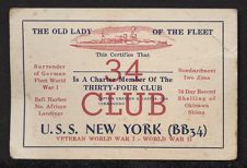 U.S.S. NEW YORK (BB34) Charter Member of the 34 Club Membership Card