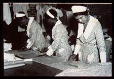 Women at work. Black and white photo. 