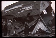 Demolition of a building. Black and white photo.