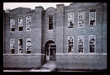 Large Brick building. Black and white photo.