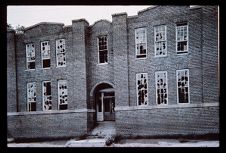 Large Brick building. Black and white photo. 