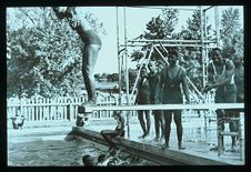 Swimming pool. Black and white photo. 