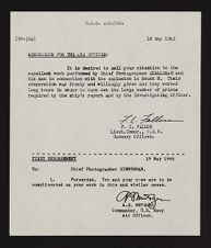Congratulatory memorandum for photography work aboard the SARATOGA (1945)