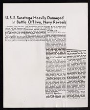 Newspaper article (continued, of June 15th) headlined: "U.S.S. Saratoga Heavily Damaged In Battle Off Iwo, Navy Reveals" and story documenting Japanese attack at Iwo Jima in Feb (1945), 