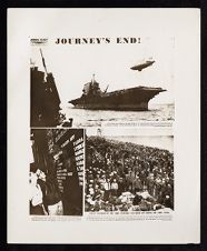 Newspaper photos from Sept 14th (3 on page) titled: "Journey's End." Shows USS Saratoga coming into San Francisco Bay with Navy blimp above, men with a list of Targets Hit, and navy veterans packing the deck of the Sara (1945) 