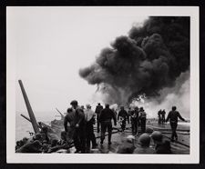 First hit (Kamikaze) on USS Saratoga during Battle of Iwo Jima (Feb 1945). 