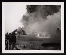 First hit (Kamikaze) on USS Saratoga during Battle of Iwo Jima (Feb 1945). 