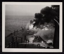 First hit (Kamikaze) on USS Saratoga during Battle of Iwo Jima (Feb 1945). 