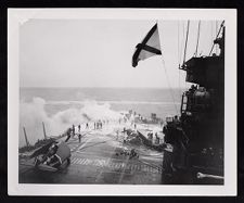 First hit (Kamikaze) on USS Saratoga during Battle of Iwo Jima (Feb 1945). 