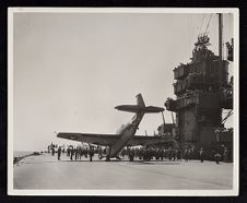 On USS Saratoga, Barrier crash of TBF-1, pilot Lt. F.S. Herriman, USNR. 