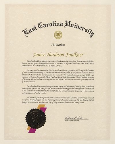 Honorary Doctor of Letters degree (East Carolina University) for Janice Hardison Faulkner