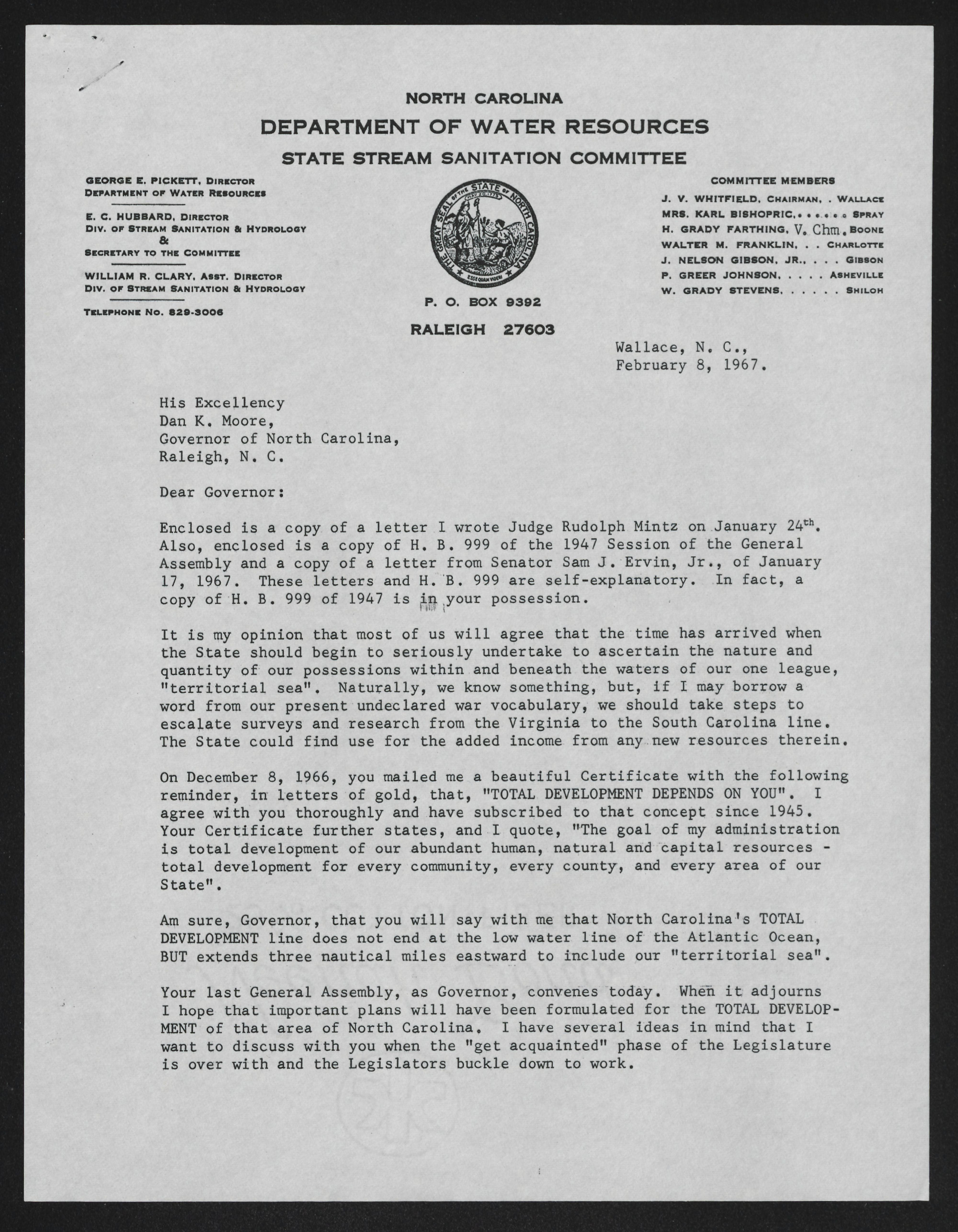 Letter From James V Whitefield To North Carolina Governor Dan K Moore Ecu Digital Collections