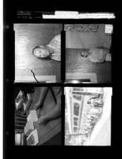 Photos of man; Children standing by bus; Person at desk holding a piece of paper (4 Negatives) (July 12, 1958) [Sleeve 33, Folder d, Box 15]