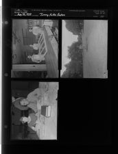 Jimmy Fellis feature - man mowing lawn, Mr. H. H. Duncan and Mrs. Worthington at desk, men in wood working shop (3 Negatives) (August 30, 1958) [Sleeve 59, Folder e, Box 15]