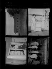 Outside of building; Women cooking; Hanging hams; Woman at freezer (4 Negatives), March - July 1956, undated [Sleeve 36, Folder e, Box 10]