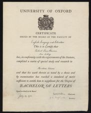 New College, University of Oxford Bachelor of Letters certificate