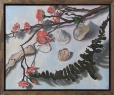 Cherry blossoms, shells, and a leaf