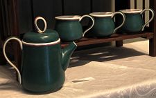 Green tea set with white and orchid borders