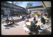 Students sitting outside Dowdy Book Store