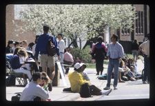 Students sitting outside Dowdy Book Store