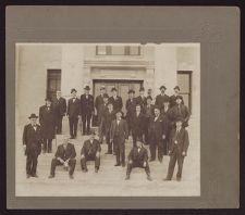 County officials and lawyers on the steps of the Pitt County Courthouse