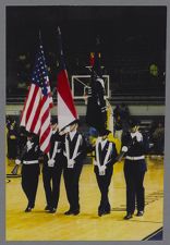 Photograph of Air Force ROTC cadets presenting the colors at an East Carolina basketball game