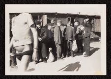 Gusen I Concentration Camp survivors receiving clothing near Mauthausen, Austria.