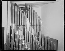 Man standing in a group of organ pipes.